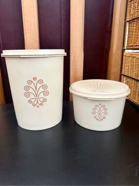Vintage Tupperware Servalier Canister Set - Almond Brown Floral Scroll Design